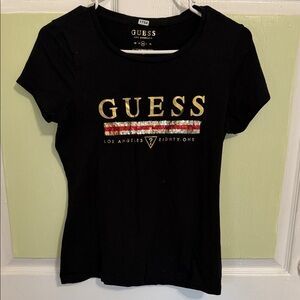 (1754) GUESS Black Tee with Gold Logo, Size: Medium